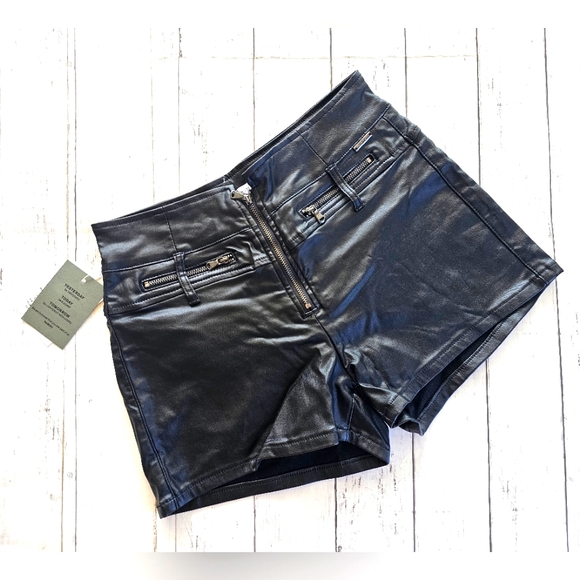 Ramisu Pants - Ramisu Black Faux Leather Silver Zip up Pull on Shorts Goth Grunge Biker Style